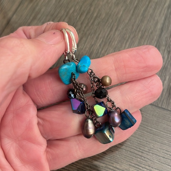 Vintage Sterling Lever Back Shell, Stone, and Crystal Dangle Earrings - Picture 8 of 12